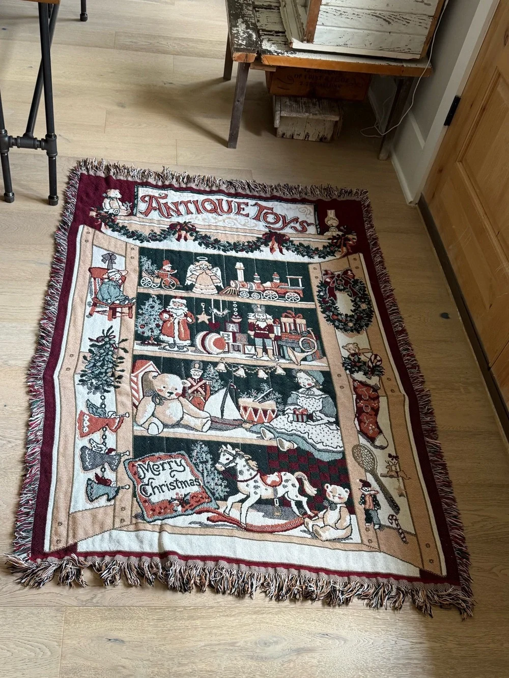 Vintage Fieldcrest Antique Holiday Throw Blanket - Burgundy, Green, Cream